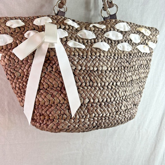 Handbags - Raffia Bucket Tote Bag Boho Beach Vacation Travel Straw Shell Bow‎ Medium